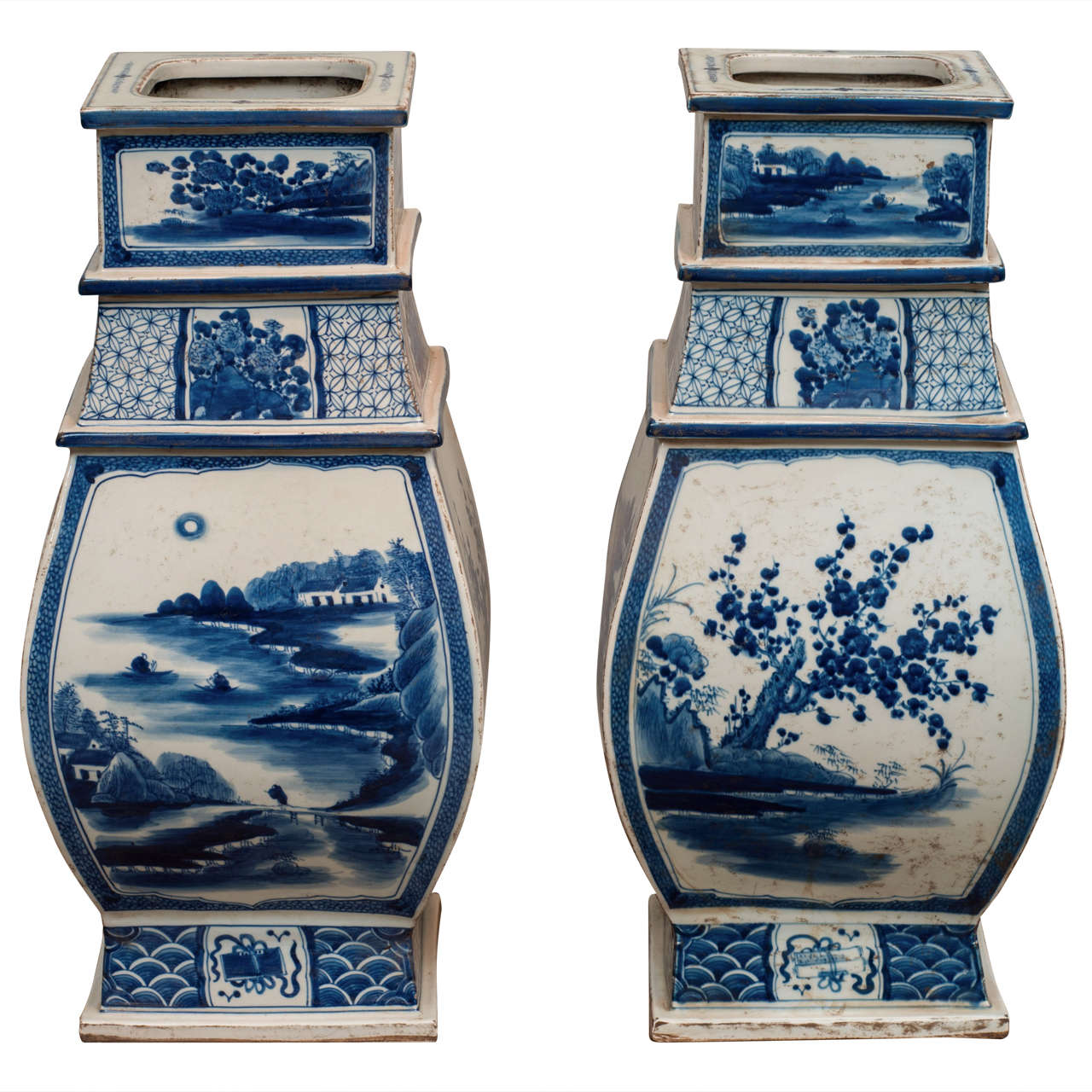 Pair of Blue & White Porcelain Bombe Vases