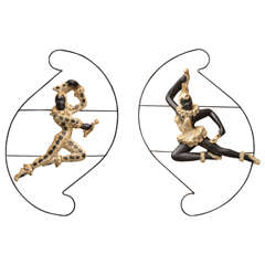 Pair of Male and Female Harlequins Suspended on Metal Frames