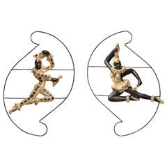 Vintage Pair of Male and Female Harlequins Suspended on Metal Frames