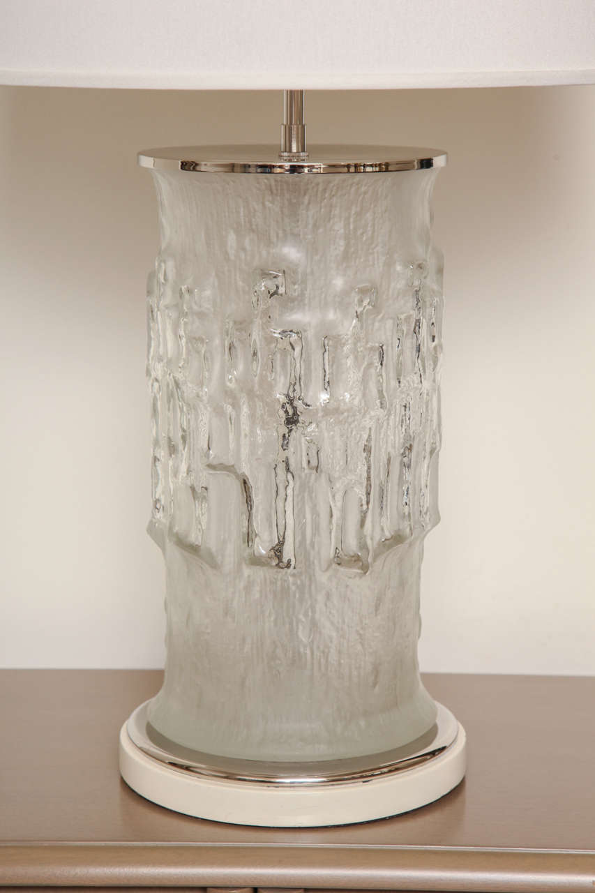 American Frosted Glass and Chrome Lamp with Raised Figures, circa 1970