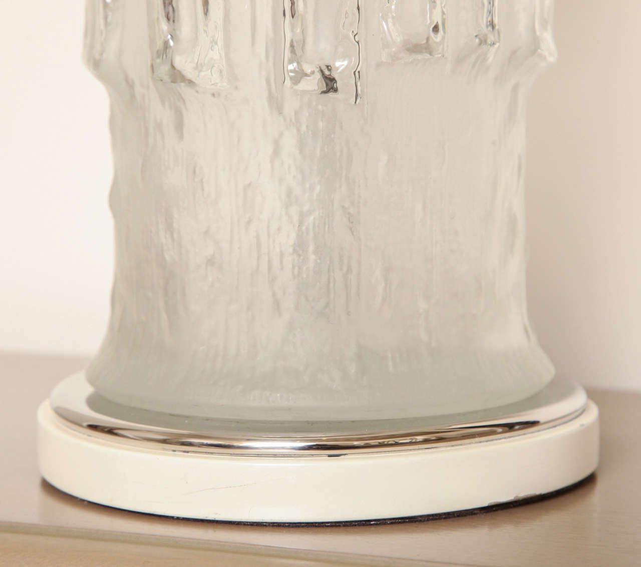 Late 20th Century Frosted Glass and Chrome Lamp with Raised Figures, circa 1970