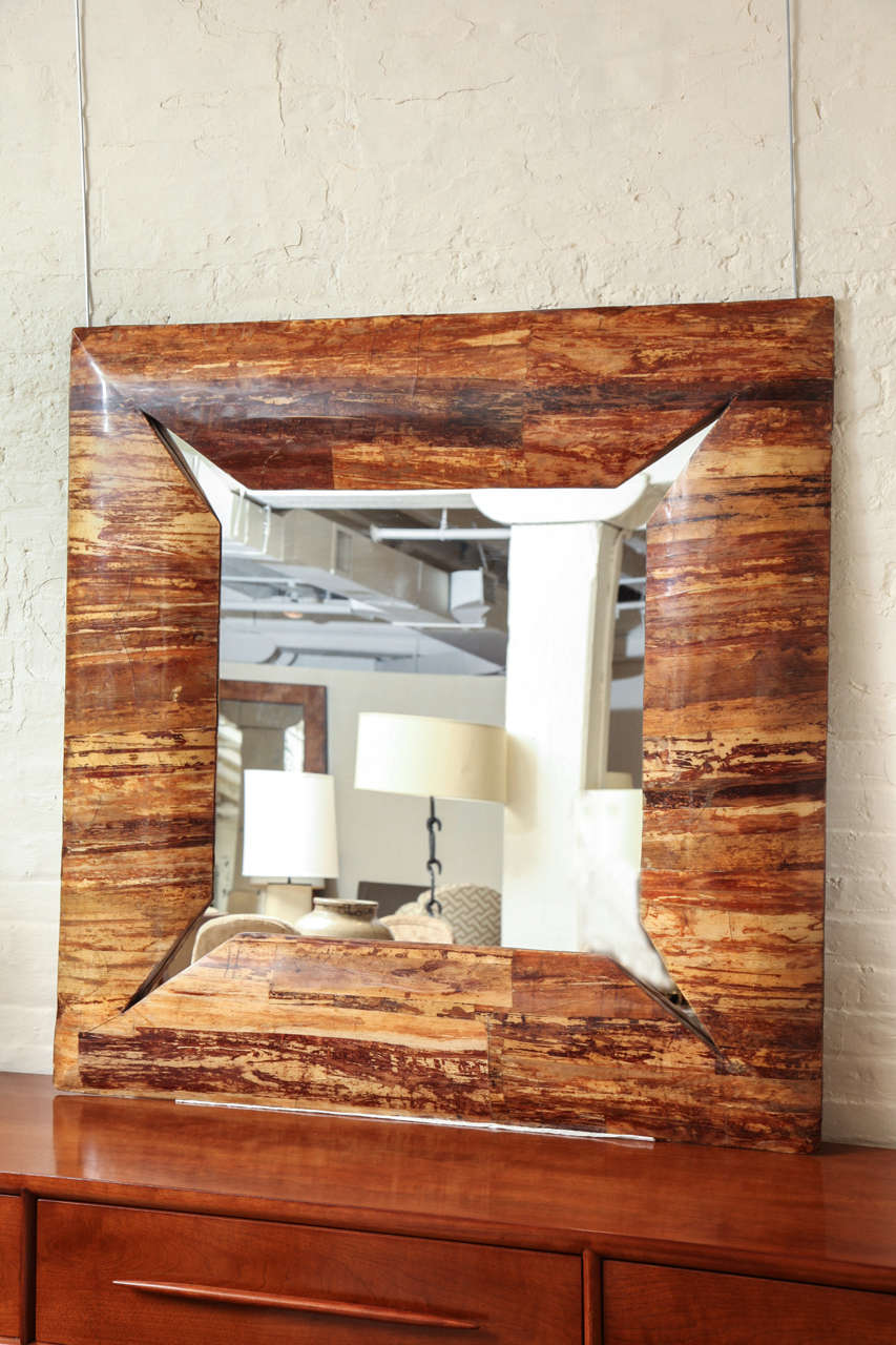 Large Square Mirror with Lacquered Bark Frame, circa 1970 3