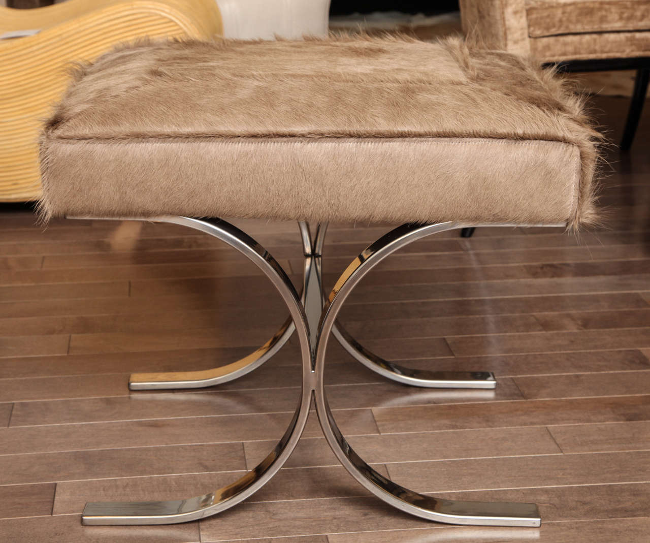 American Pair Of Chrome Stools With Taupe Cowhide, c. 1970