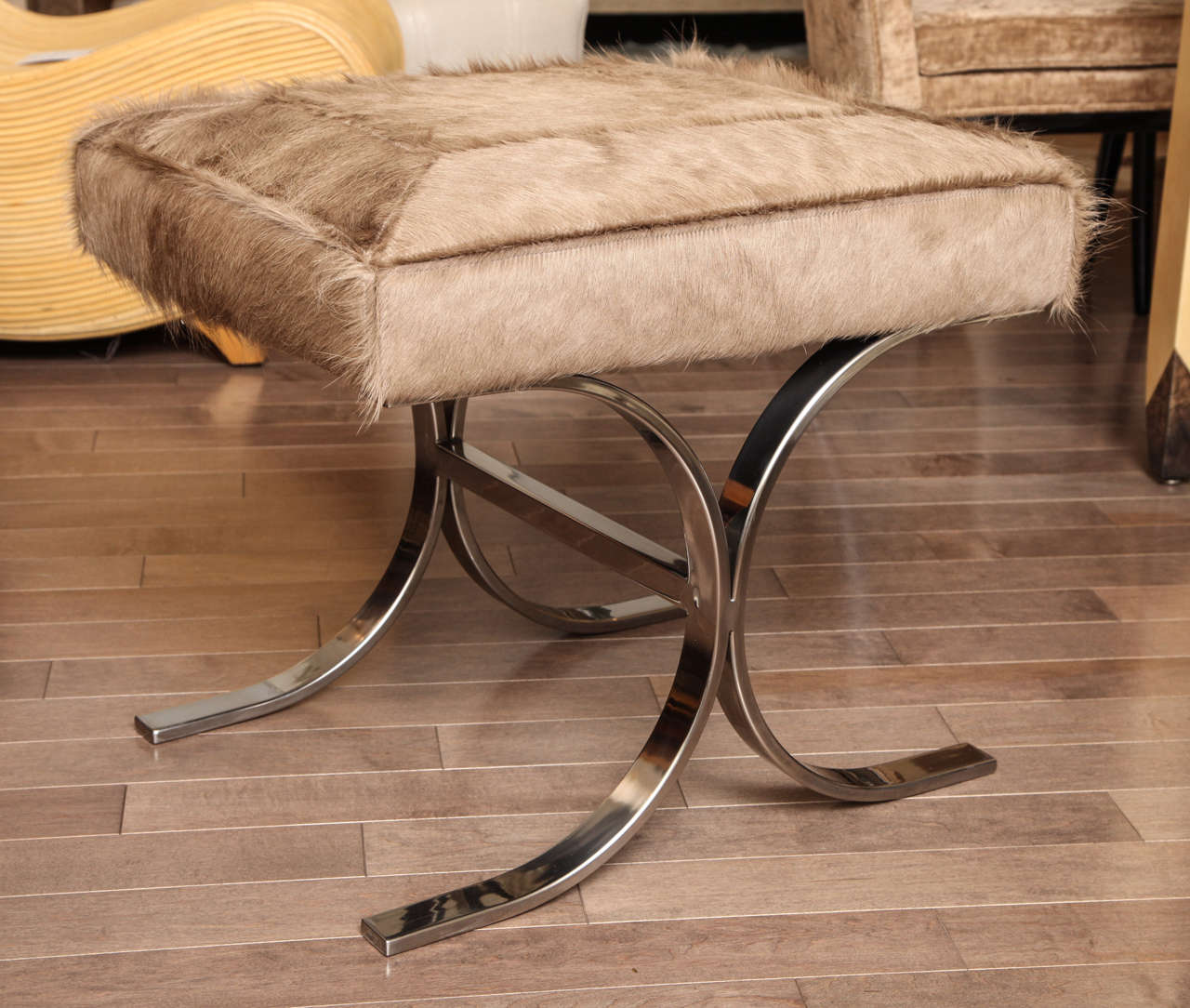 Late 20th Century Pair Of Chrome Stools With Taupe Cowhide, c. 1970