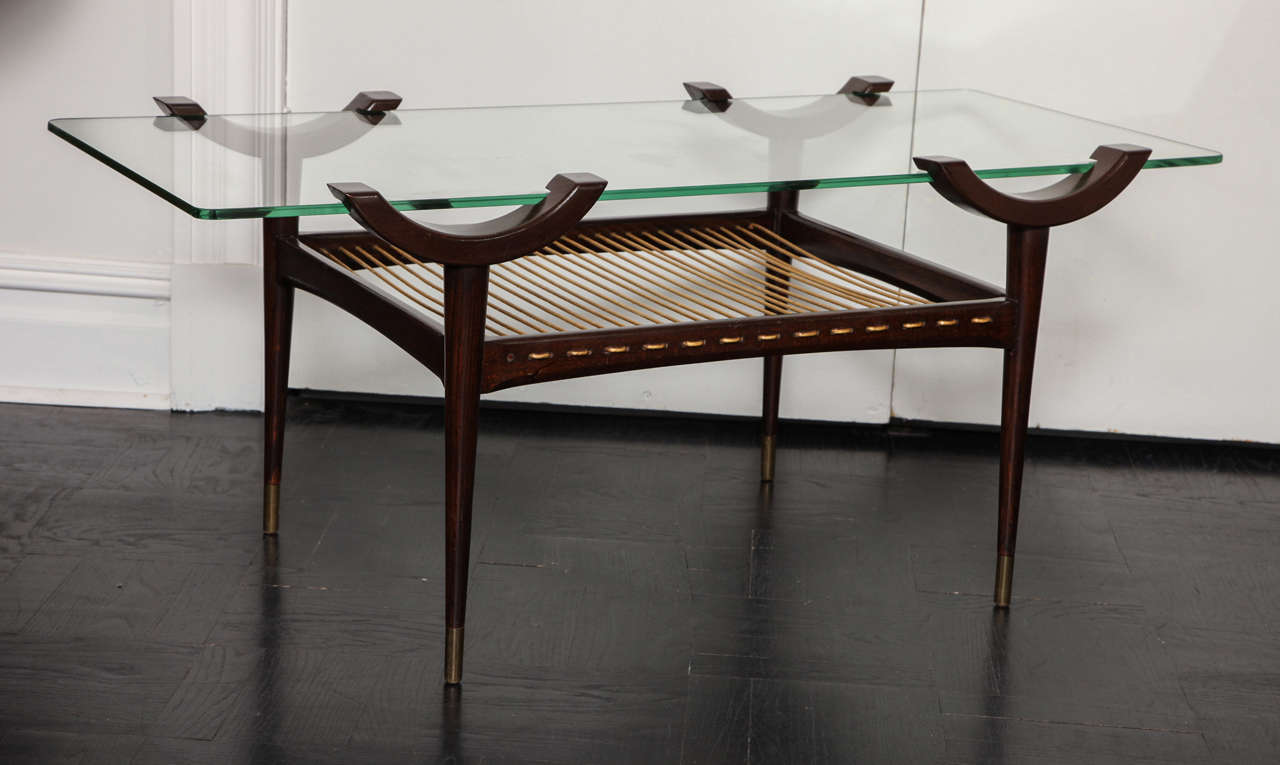 Mid-20th Century Stained Beechwood Two-Tier Cocktail Table, Glass Top