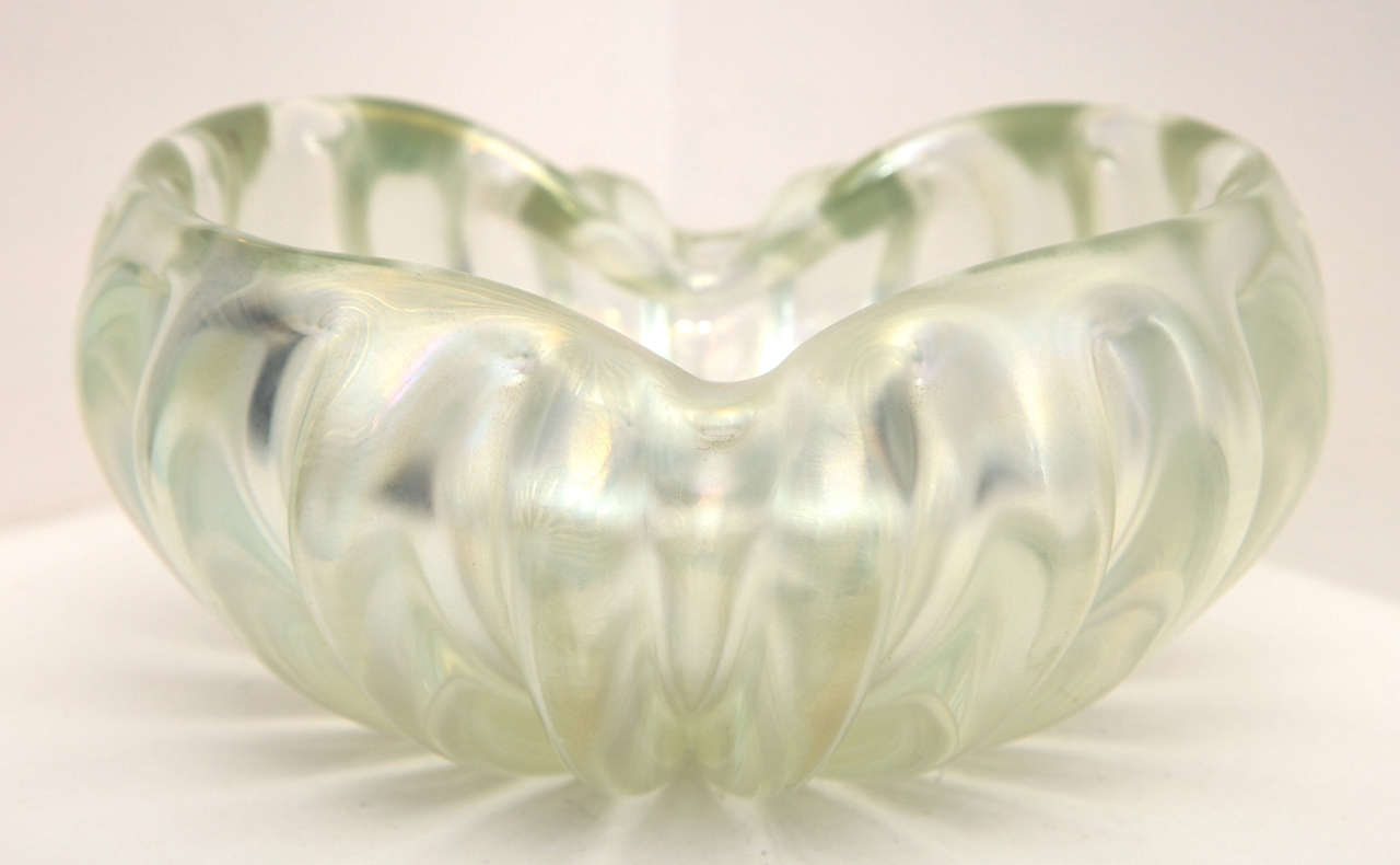 Small clear Murano glass bowl with ribbed form and folded rim. Italian, c. 1950