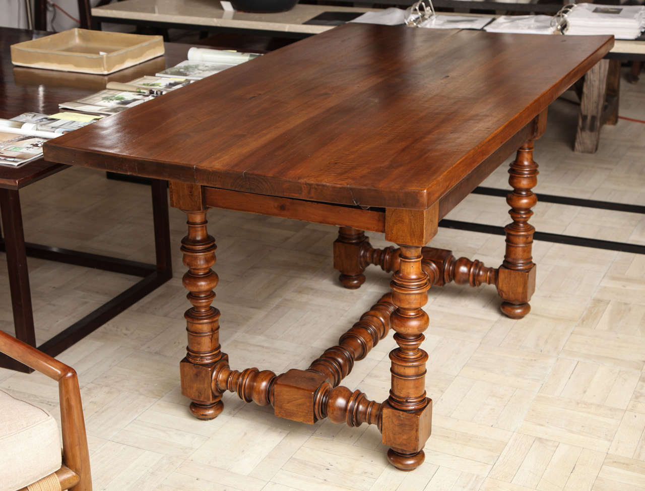 Late 18th-early 19th century walnut library table with rectangular molded top, one long drawer in apron.