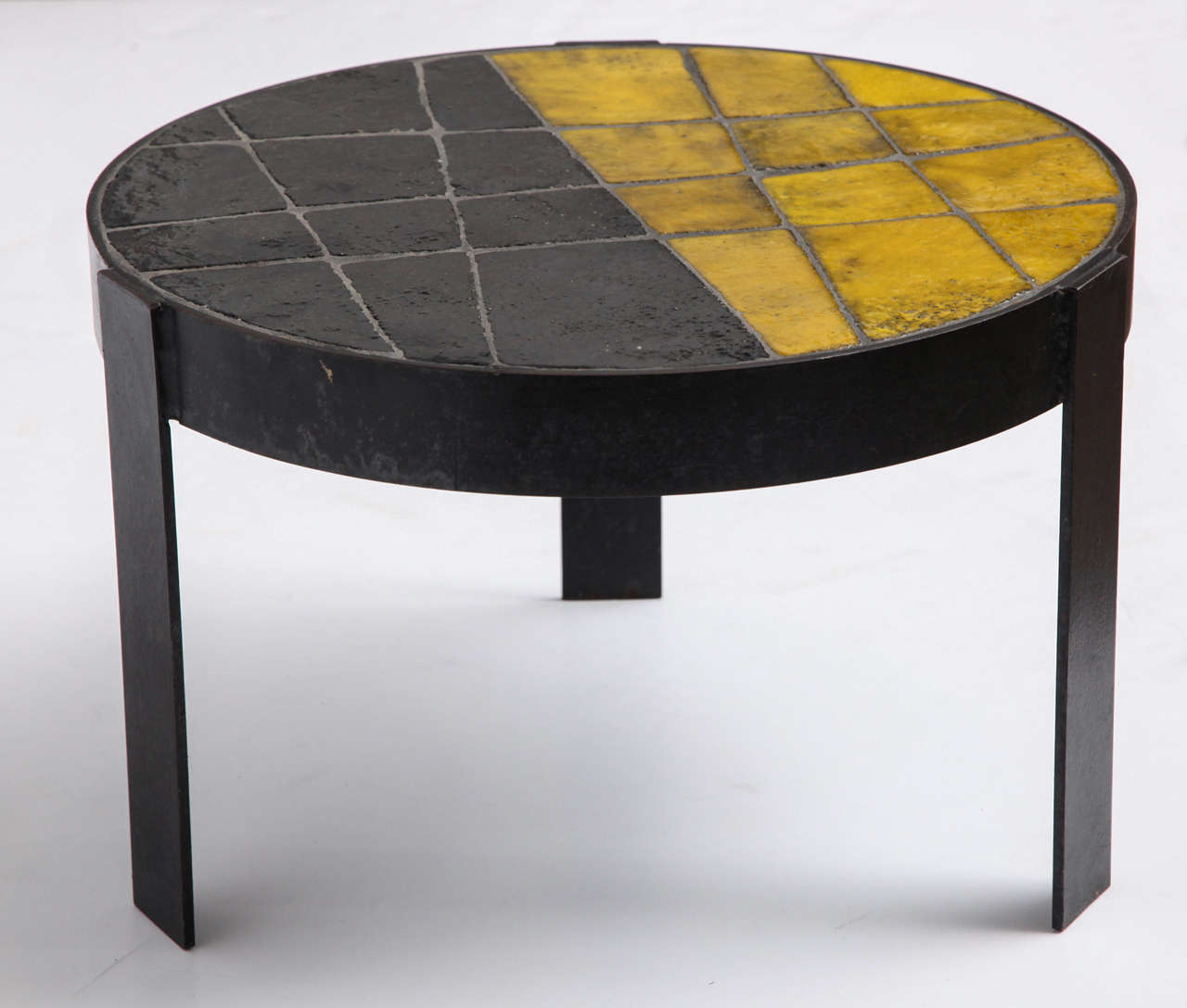 Glazed ceramic tile top table with patinated steel base