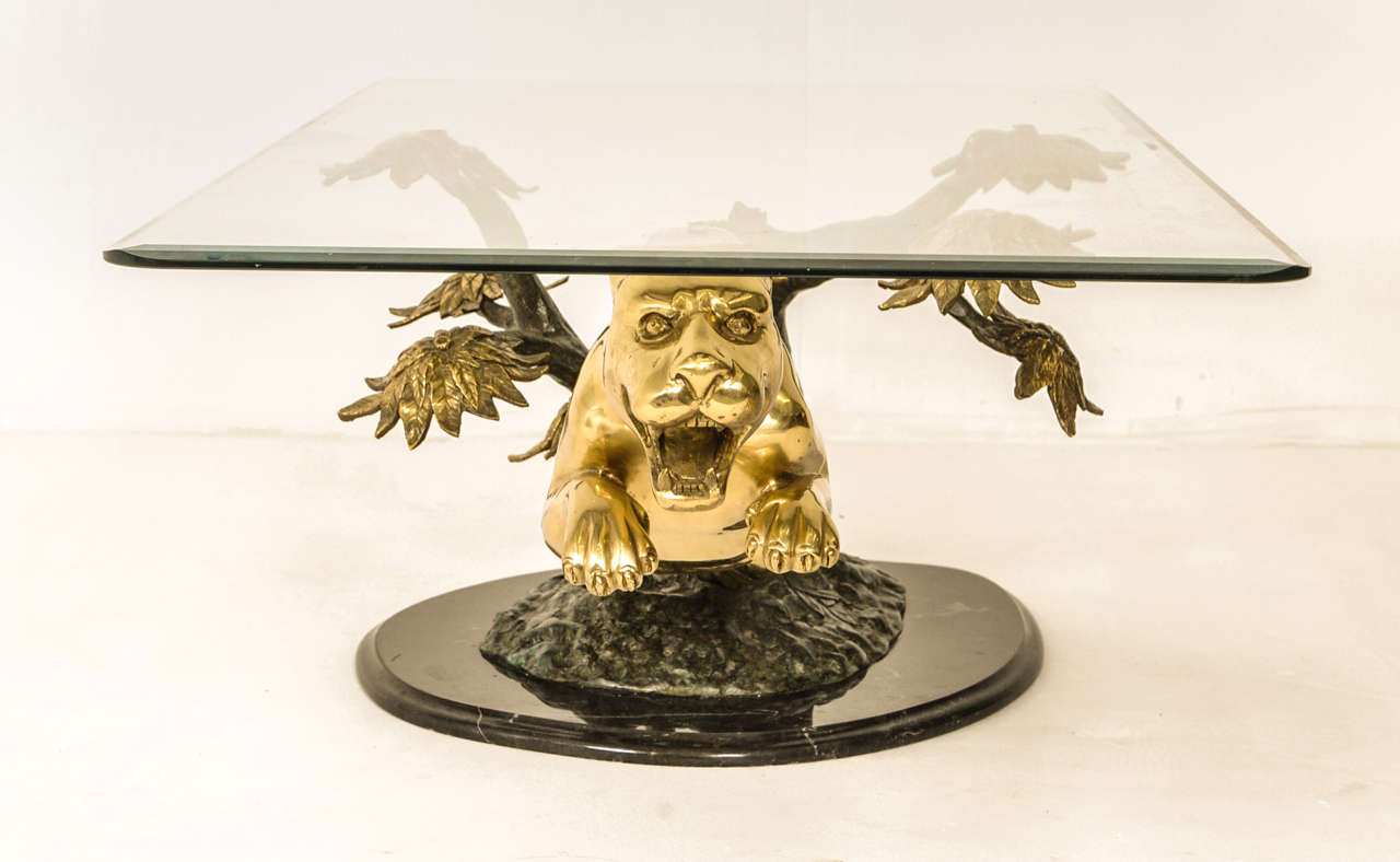 Mid-Century Modern Brass Gold Jumping Jaguar Coffee Table