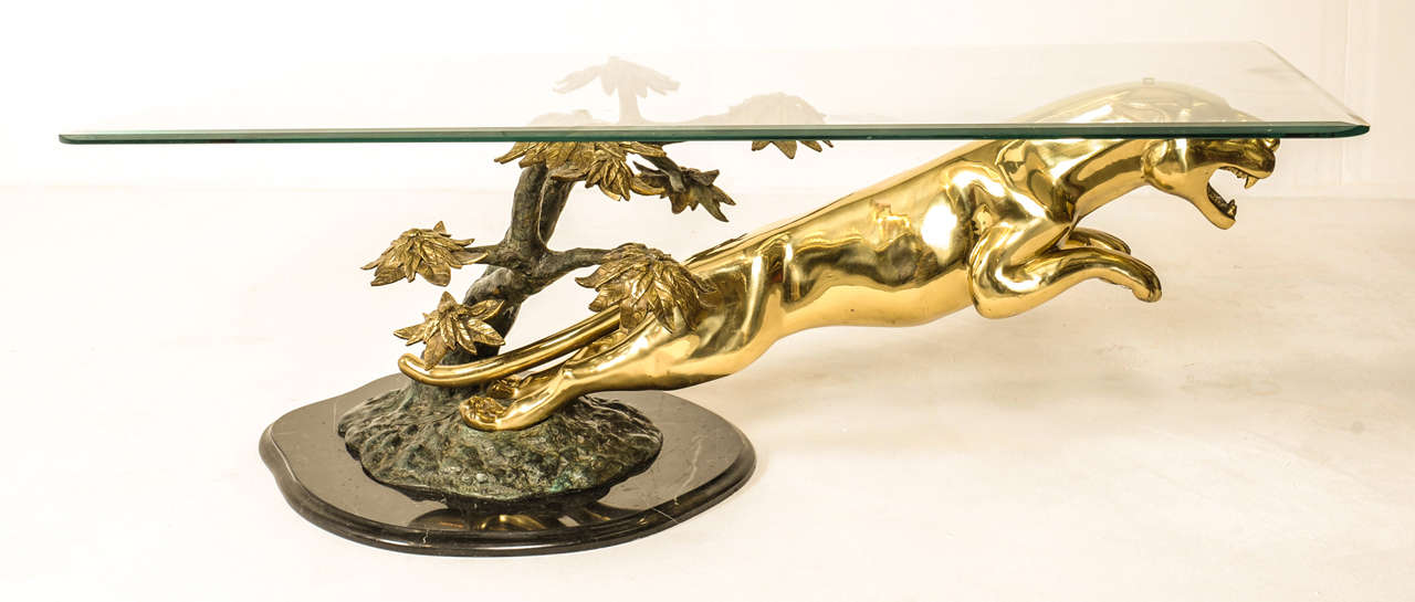 Glass Brass Gold Jumping Jaguar Coffee Table