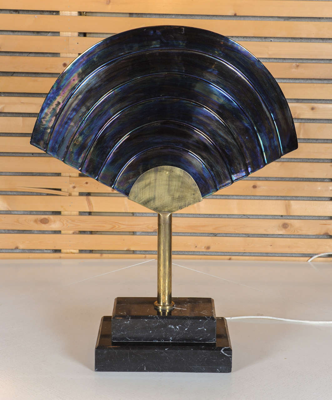 Very eye catching table lamp (actually bed side lamp) especially made bespoke for the interior of Netherland's most famous Amsterdam brothel; the now closed by authorities high end parlor named Yab Yum. It has a copper stand that holds a beautiful