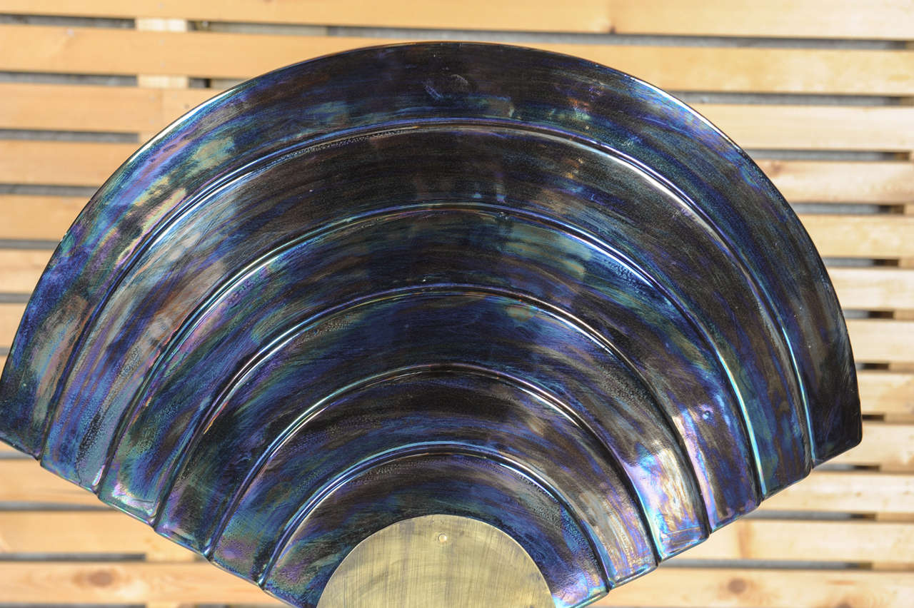 Hollywood Regency Oiled blue ceramic fan shaped table lamp made bespoke for Yab Yum