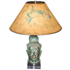 Eclectic Hollywood Regency Style Table Lamp with Thai Buddha Head in Bronze