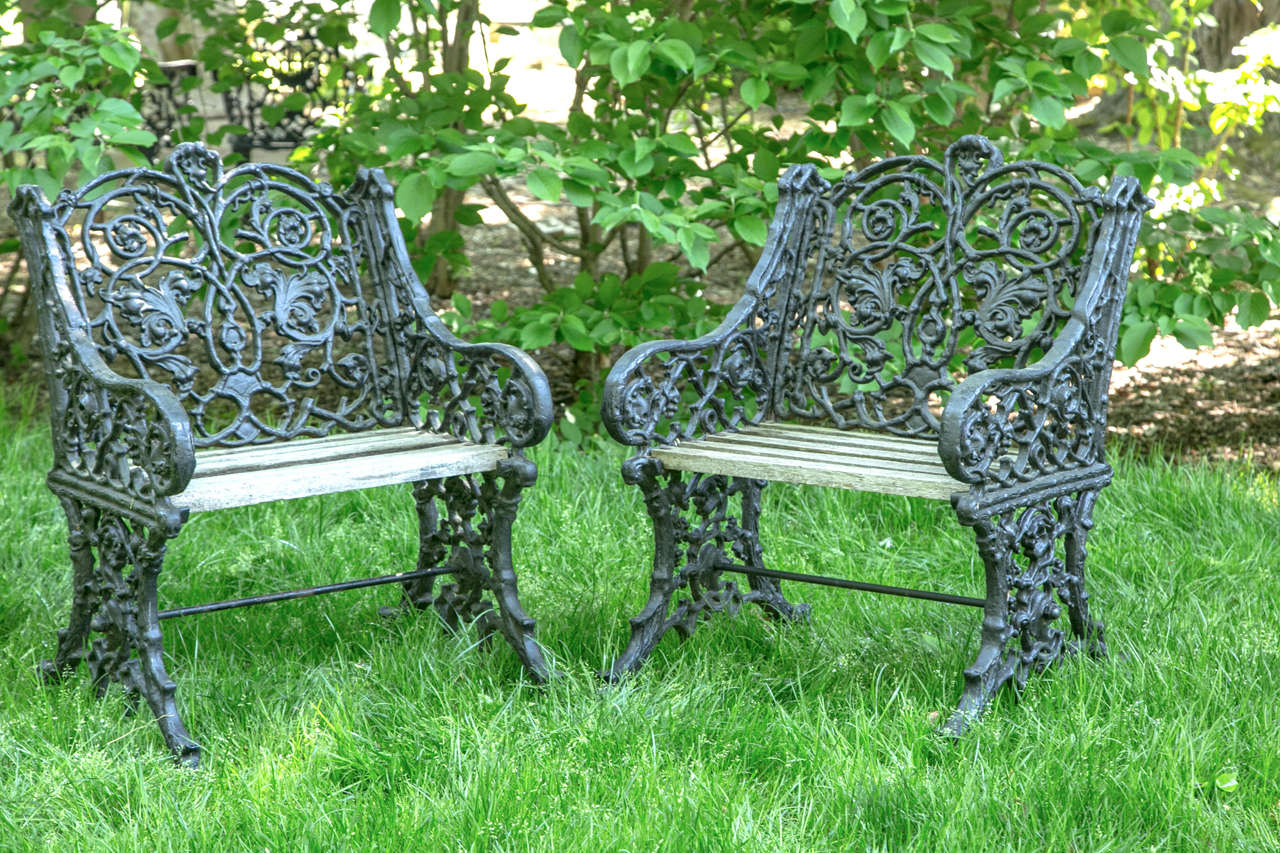 A pair of cast-iron chairs in the Berlin, or Rustic pattern, with vines and leafy foliate motifs with wooden slatted seats.