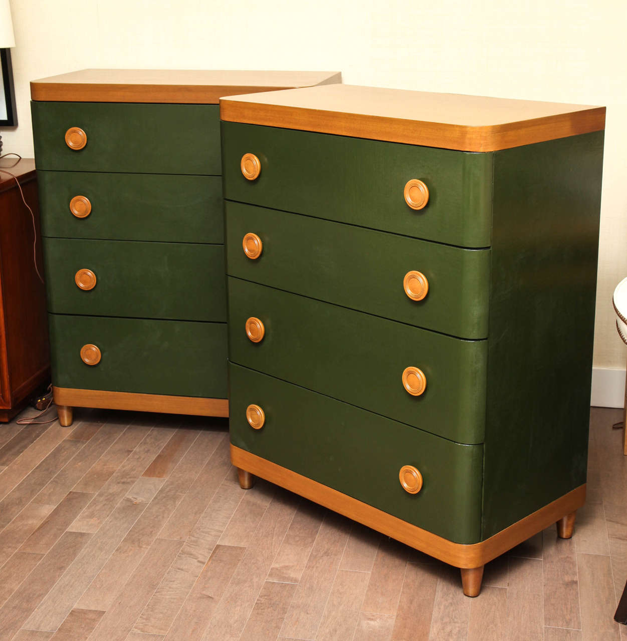 Pair of Oak and Green Lacquered Chests in the Style of Gilbert Rohde, circa 1940
