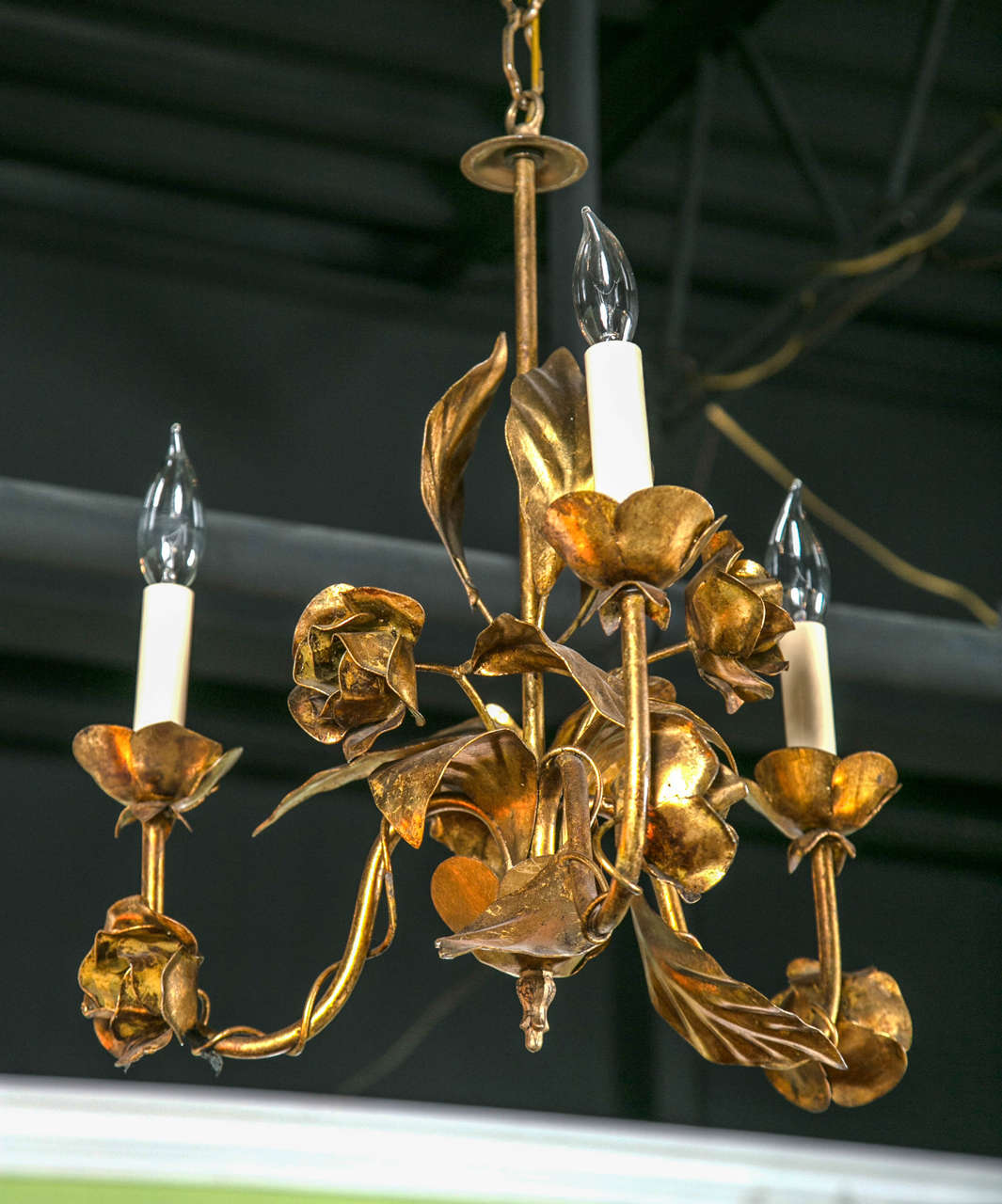 Circa 1950's Italian gilt iron, 3 light floral chandelier.