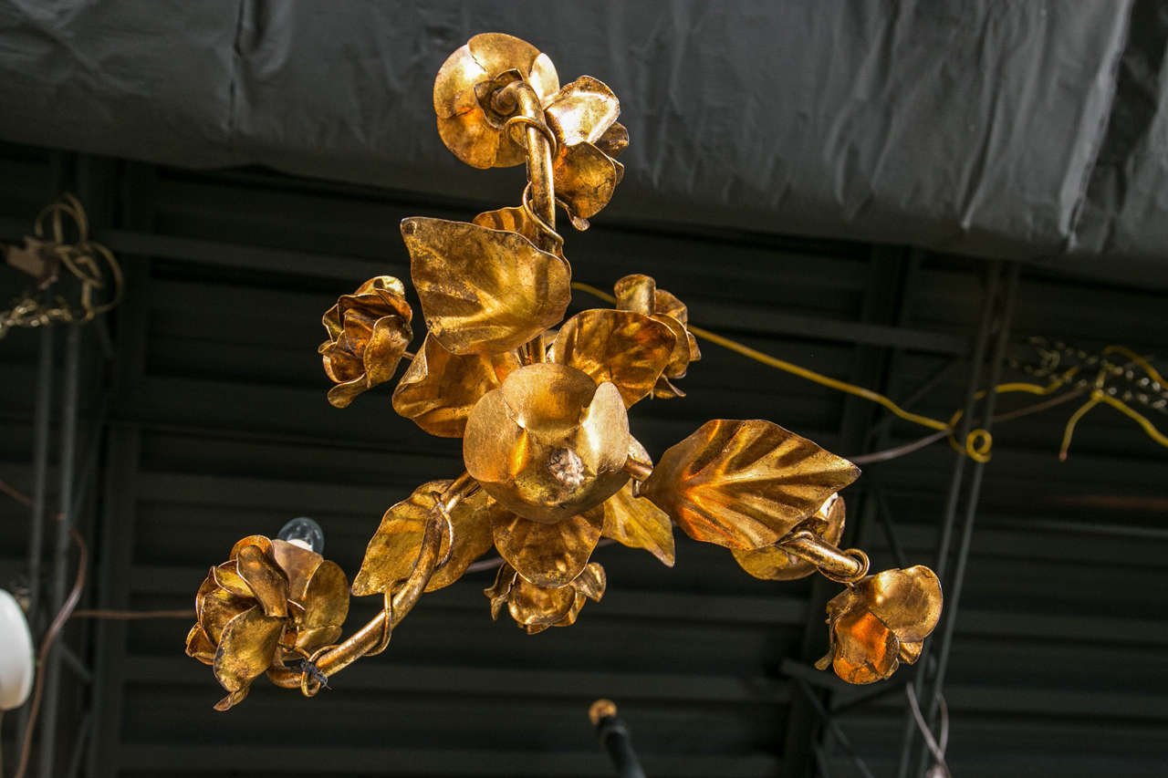 Italian Gilt Iron Floral Chandelier, circa 1950s In Excellent Condition For Sale In Stamford, CT