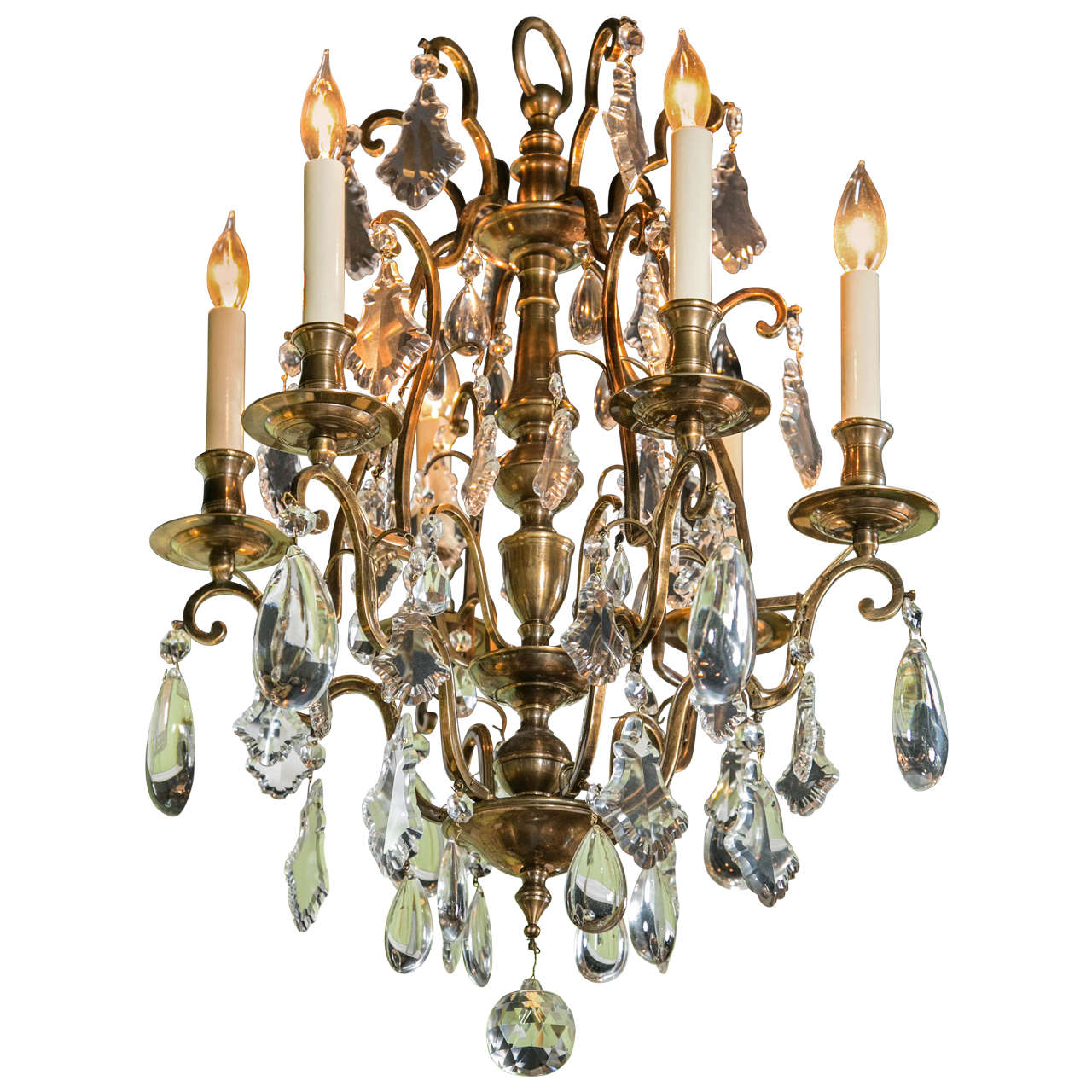 French Bronze and Crystal Six-Arm Chandelier, circa 1940s For Sale