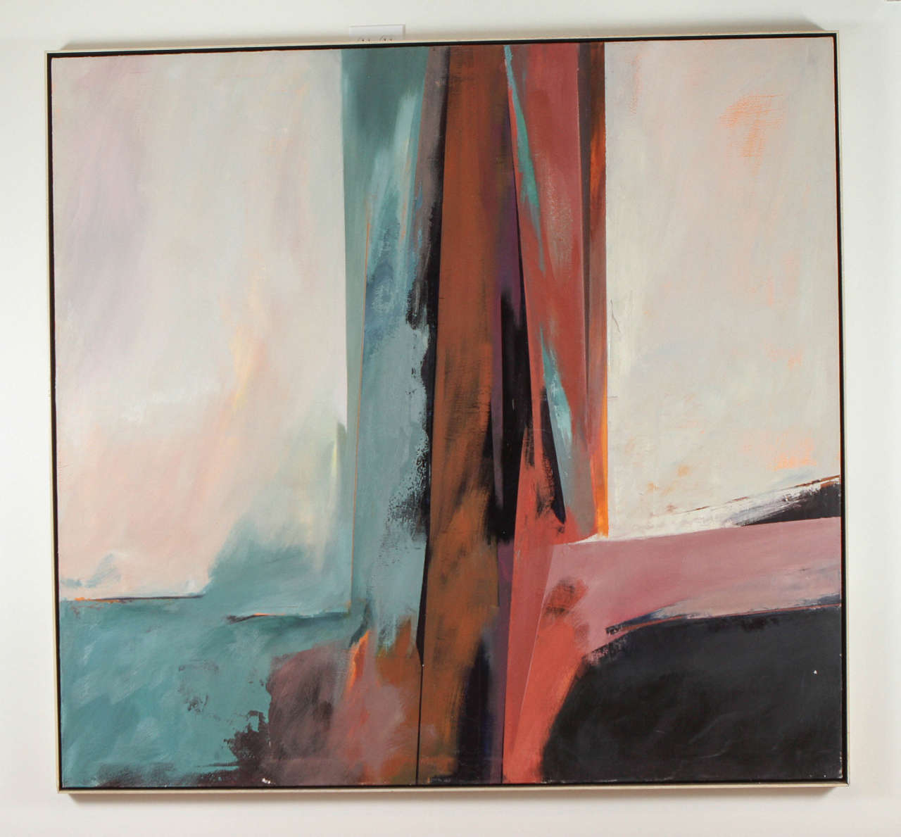 Large abstract oil painting by Kathleen Hammett. Gallery label on reverse reads: The Bonfoey Co., Cleveland, Ohio.