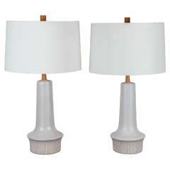 Pair of Ceramic Martz Lamps with Sgraffito Striped Base