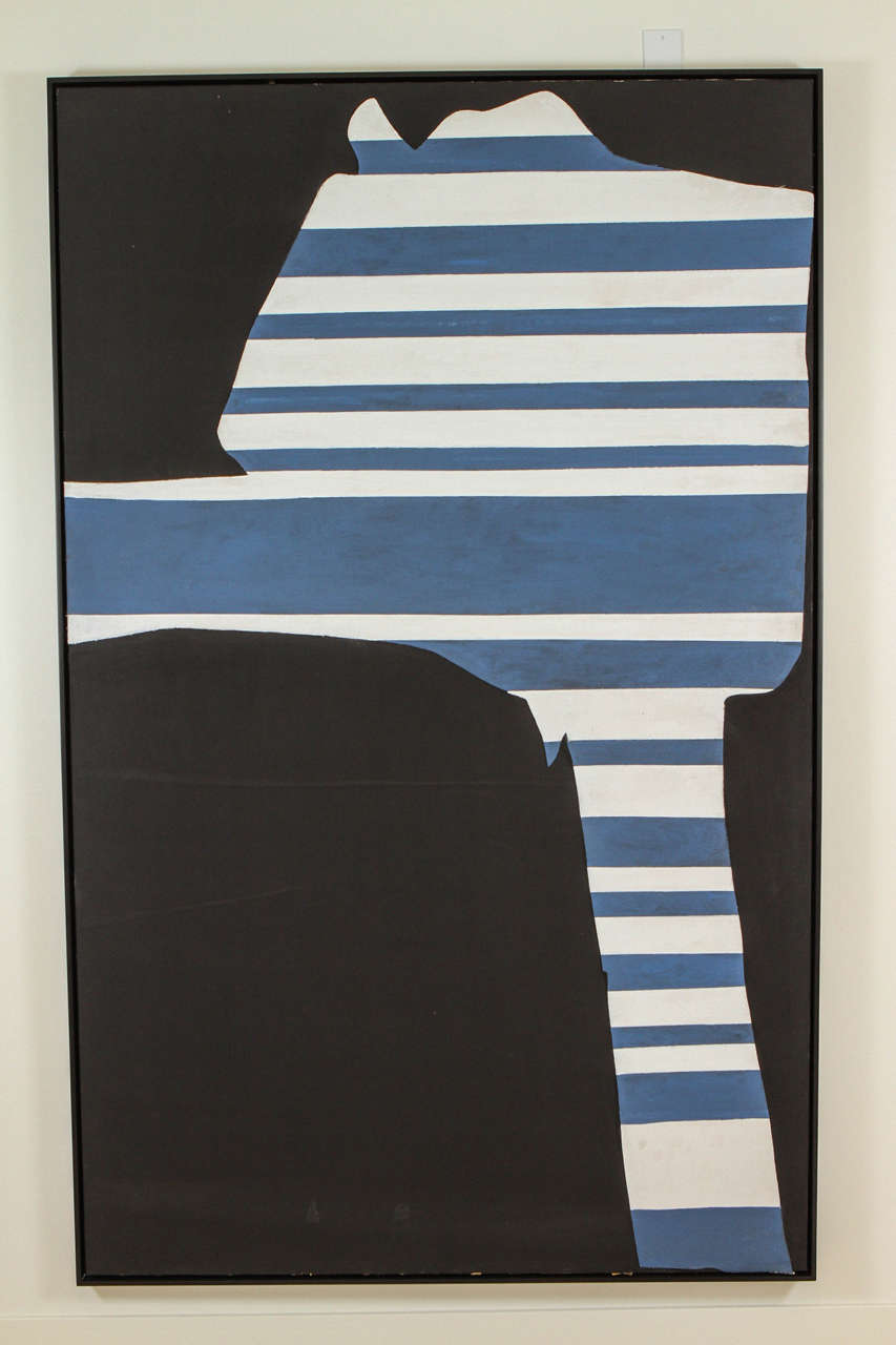 "Stripes on Black" by Adja Yunkers. Acrylic and collage on canvas. Signed and dated verso 1969. From the collection of Adja Yunkers. Donated to the Allende Govt in Chile / Mario Pedroza,  writer and art critic.
Completely restored and