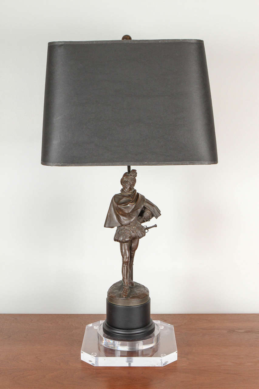 French Provincial French Bronze Soldier Lamps with Acrylic Base