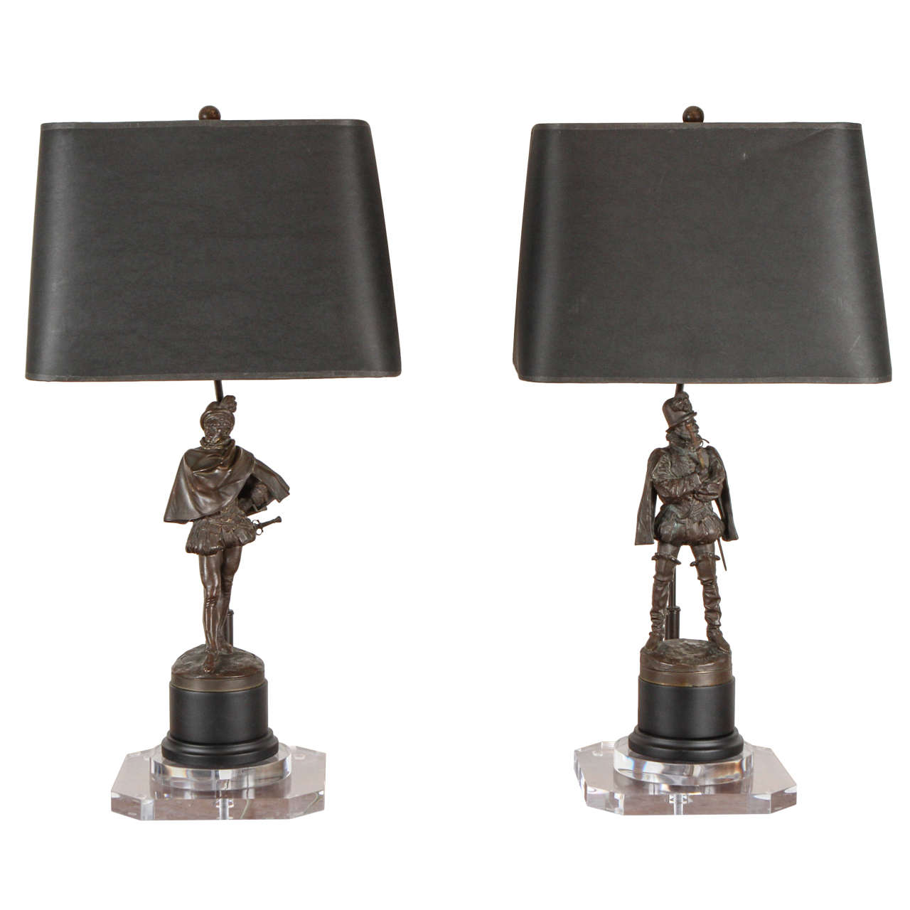 French Bronze Soldier Lamps with Acrylic Base