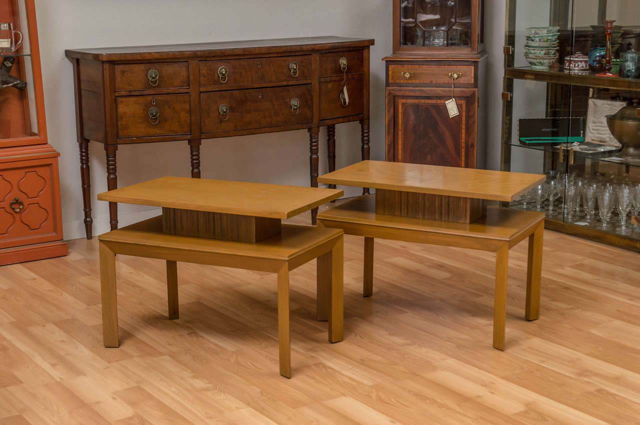 A pair of Ash tier tables, a Paul Frankl design for Brown Saltman. Marks on underside, and both have a nice clean finish.