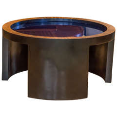 Round Coffee Table with Cobalt Blue Glass Top Attributed to Gilbert Rohde