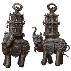 Antique Pair of 19th Century Chinese Bronze Elephant Incense Burners