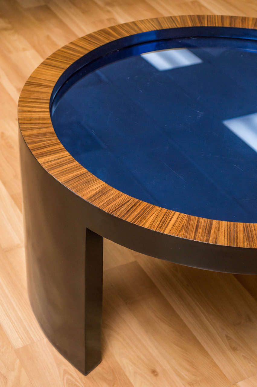 Round Coffee Table with Cobalt Blue Glass Top Attributed to Gilbert