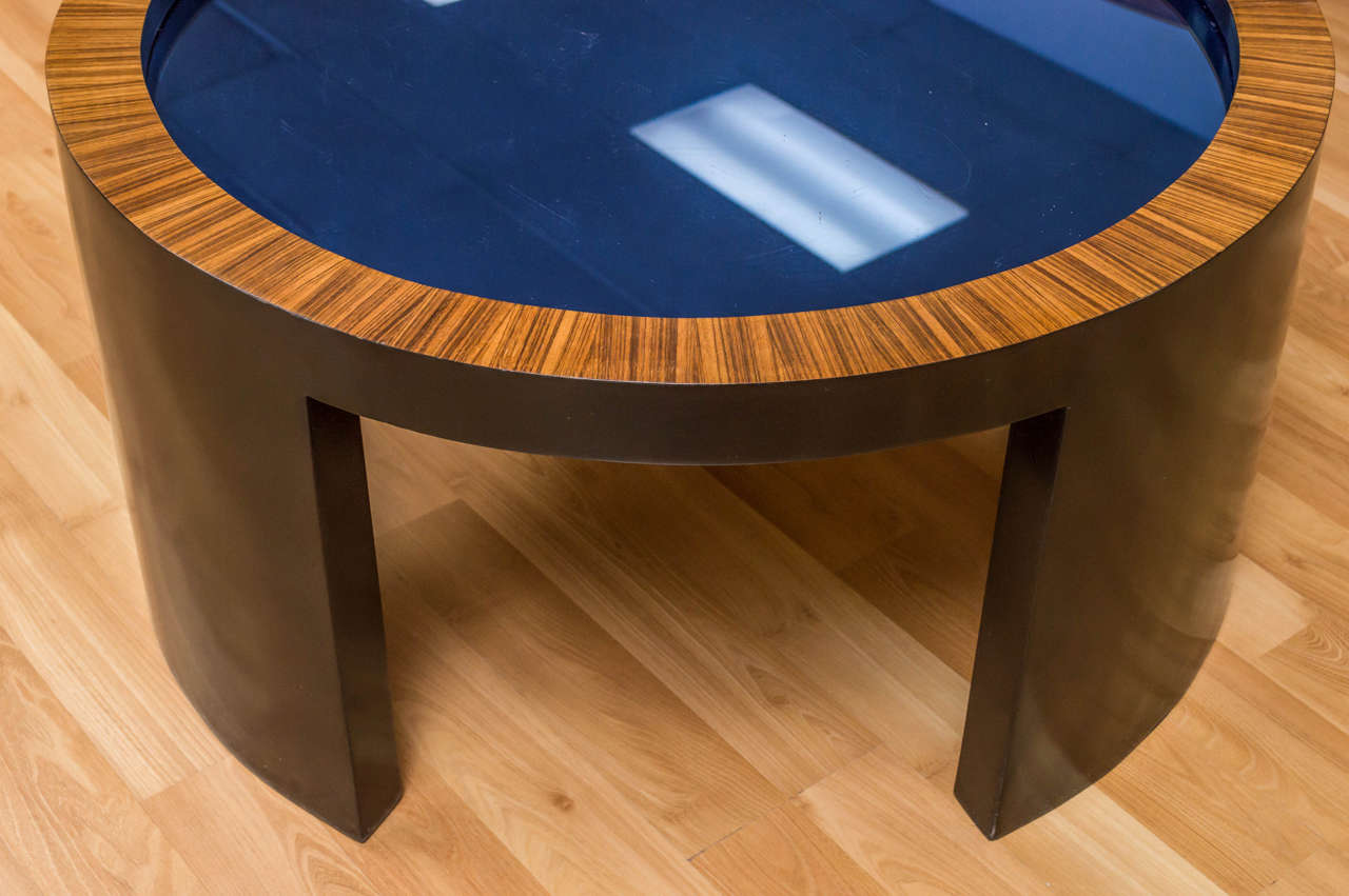 Round Coffee Table with Cobalt Blue Glass Top Attributed to Gilbert
