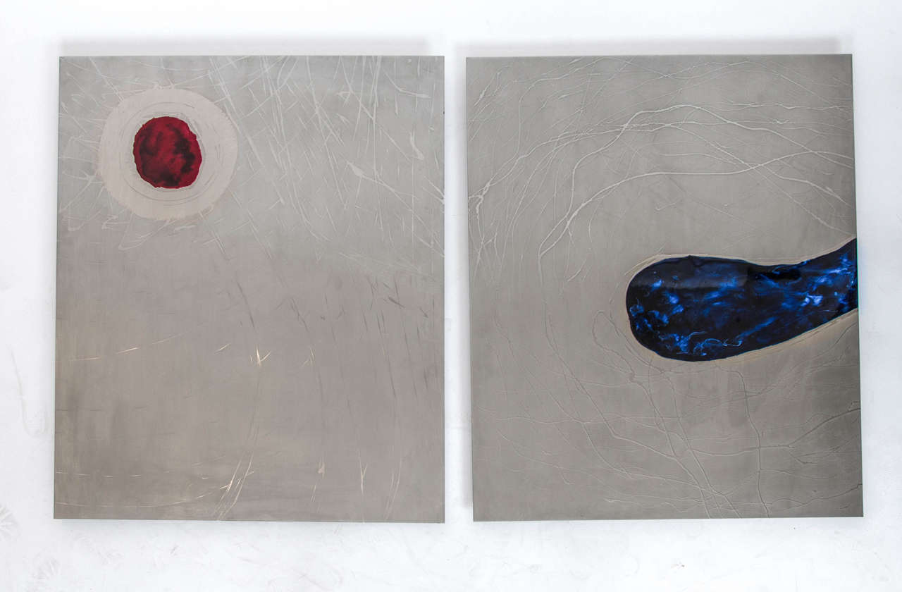Two Etched Metal Paintings with Red & Blue Enamel, 1980's Dutch 2