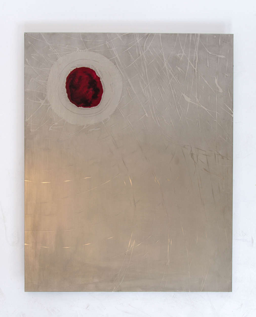Stainless steel art work with etched abstract relief and enamel blue and red paint by unknown Dutch artist .