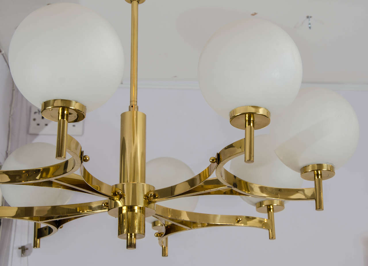 European Brass Chandelier with Eight Opaline Glass Shades