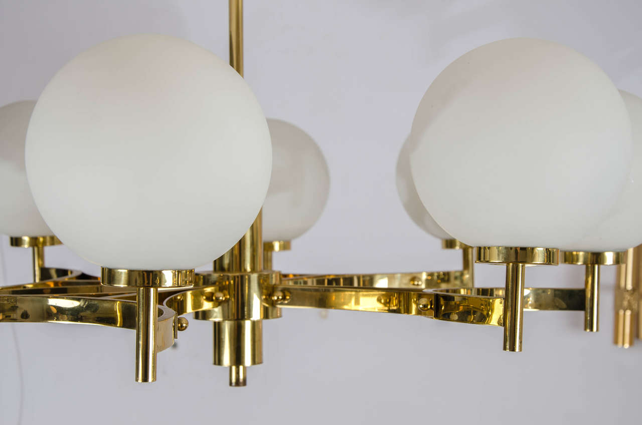 Mid-Century Modern Brass Chandelier with Eight Opaline Glass Shades