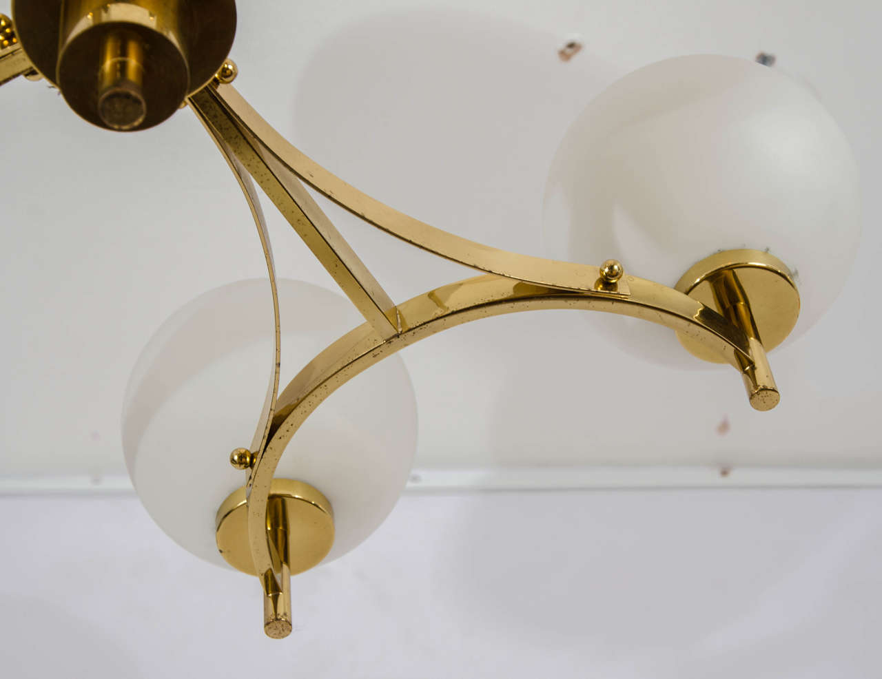 Brass Chandelier with Eight Opaline Glass Shades In Excellent Condition In London, GB