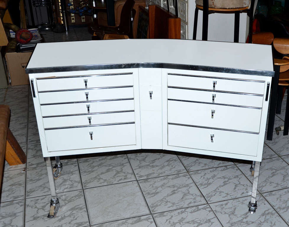 WHITE LACQUERED CUPBOARD With CHROMED METAL SCROLL LEGS
