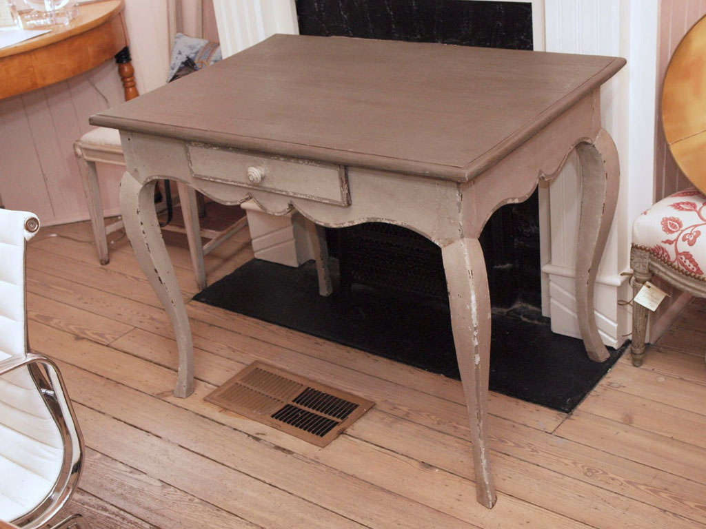 Painted Wood Table.  Top is charcoal grey and the base is a light gray/blue color.  Charming side table or writing desk with single drawer.