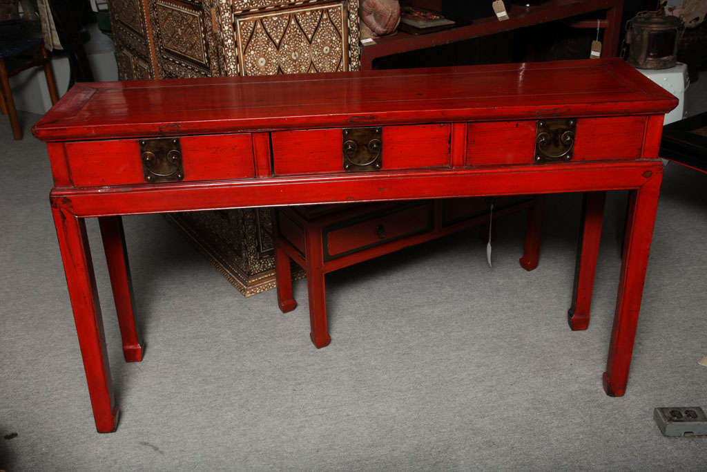 Red Lacquer Three Drawer Desk/Console Table 1