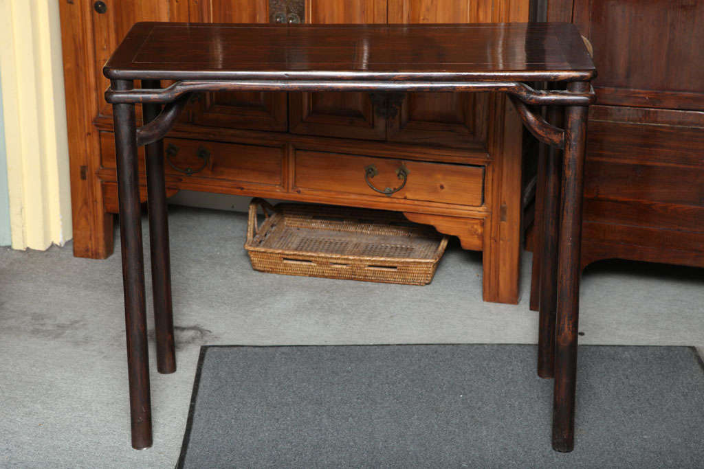Ming Style 19th Century Elmwood Small Console Table With Brown Chinese Ming Style 19th Century Elmwood Small Console Table With Brown Lacquer Finish For