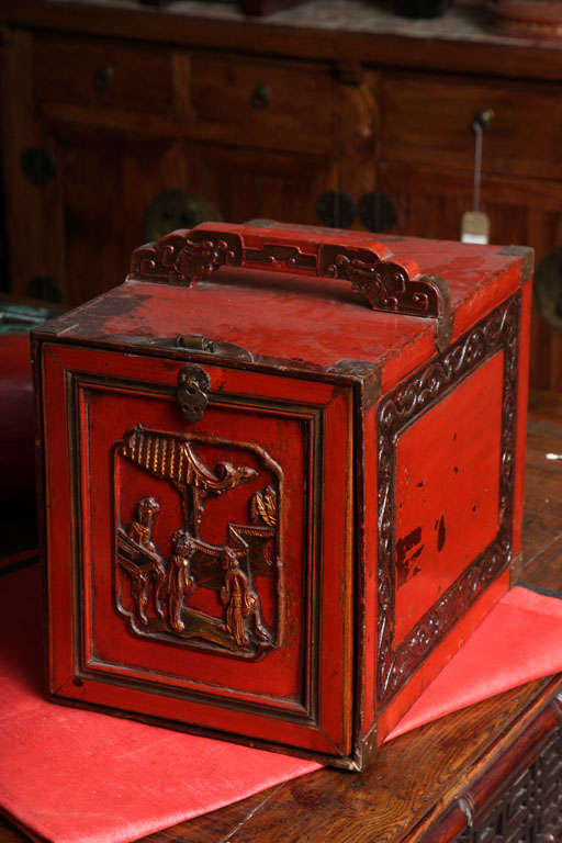 Chinese Carved & Lacquered Antique Jewelry Chest