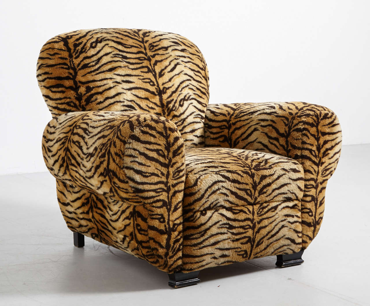 French Art Deco chair, upholstery tiger print fabric, restored in 1990.