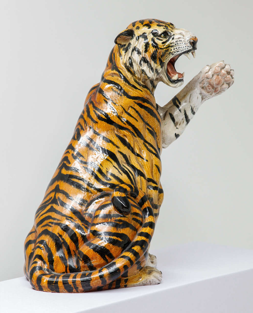 Dynamic Tiger Sculpture in Ceramic with a colorful glaze, made in Italy, 1970's.
