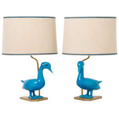 Vintage Set of Blue Ceramique Duck Table Lamps