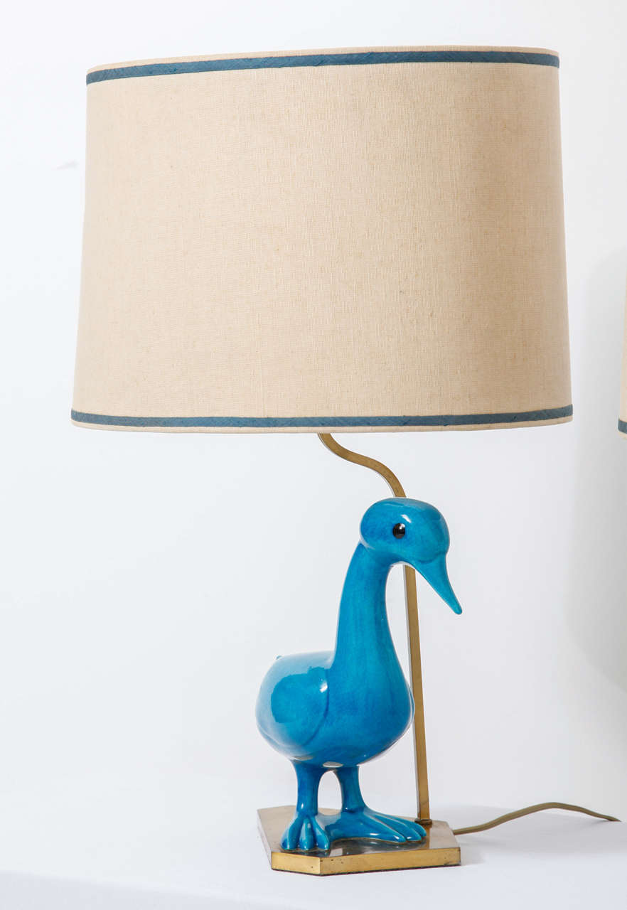 Mid-Century Modern Set of Blue Ceramique Duck Table Lamps
