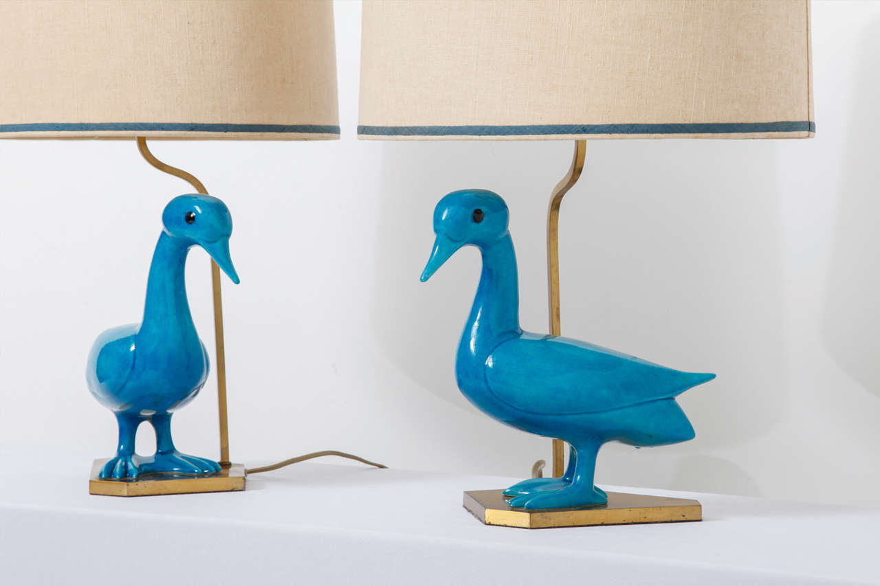 French Set of Blue Ceramique Duck Table Lamps