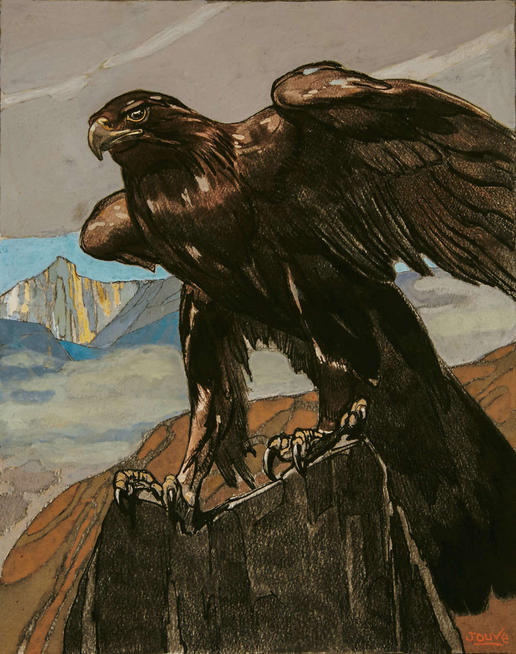 Paper Art Deco Watercolor 'Aigle Royal dans les Montagnes' by Paul Jouve