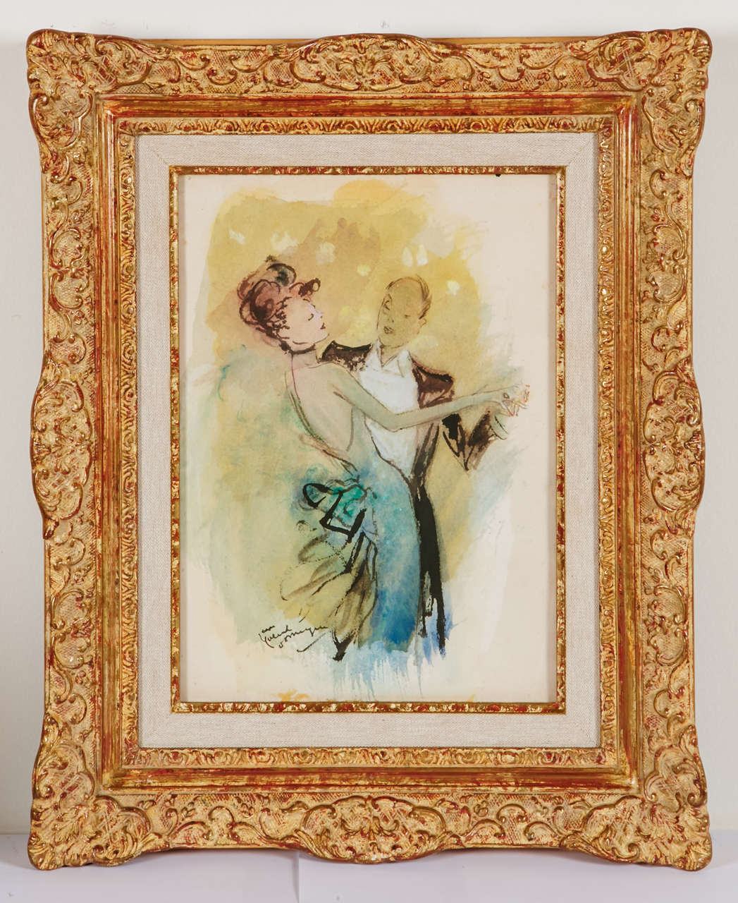 Beautiful watercolor representing a dancing couple in the 1940's by Jean-Gabriel Domergue (1889-1962). Watercolor and ink on paper signed in the bottom left 'Jean-Gabriel Domergue'.

Source: Artist's wife, previous Janet and Howard Thomas