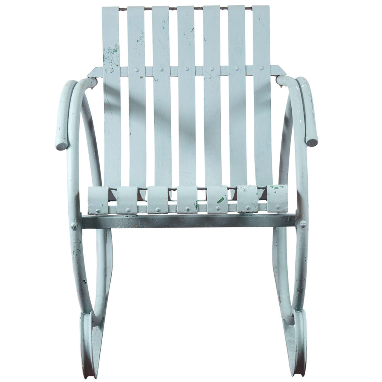 This garden chair has slatted seat placed between circular arms attached to sled-like runners -- lots of style and solid construction.  Painted iron throughout.  4 chairs available.  $750 per chair.

Arm height: 24.50 inches